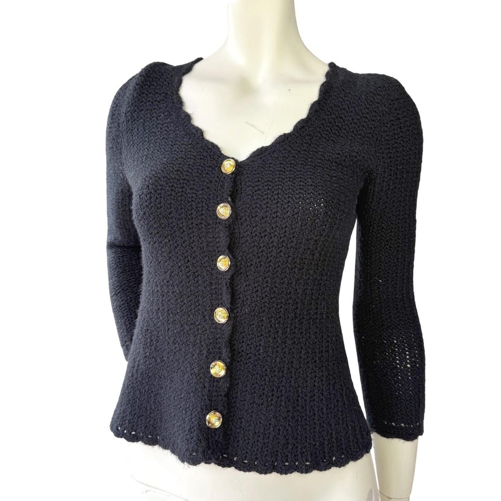 Vintage Crochet Cardigan Black Scalloped V-Neck Gold Rhinestone Button Sz Small‎